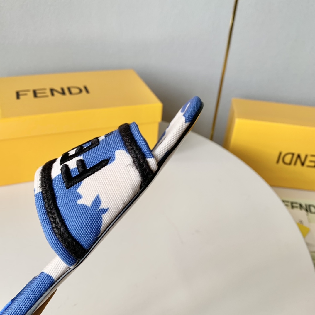 Fendi Signature Blue Canvas Slides - DesignerGu