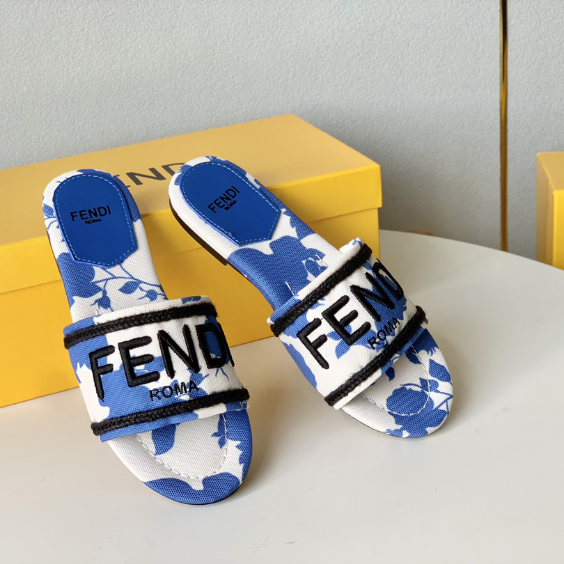 Fendi Signature Blue Canvas Slides - DesignerGu