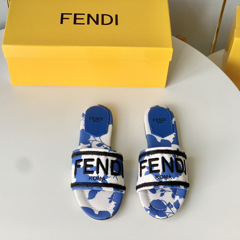 Fendi Signature Blue Canvas Slides - DesignerGu