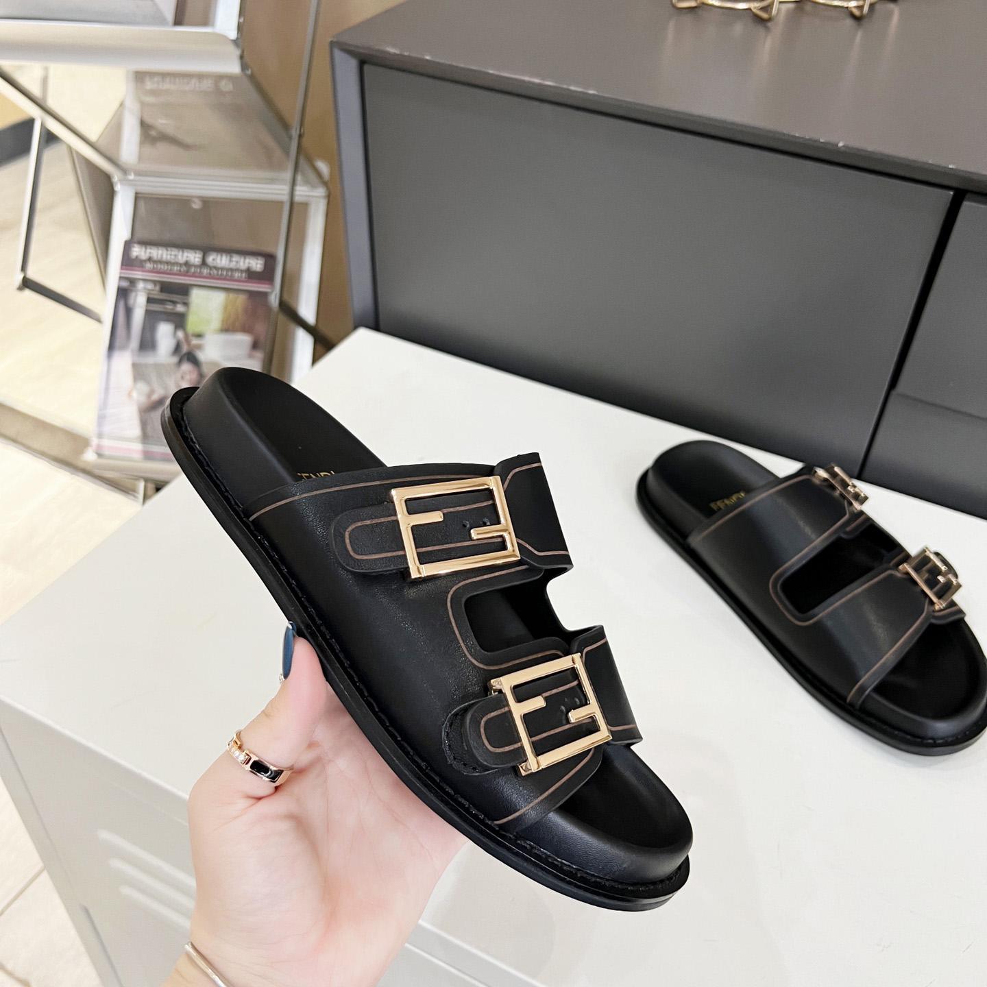 Fendi Feel Black Leather Slides - DesignerGu