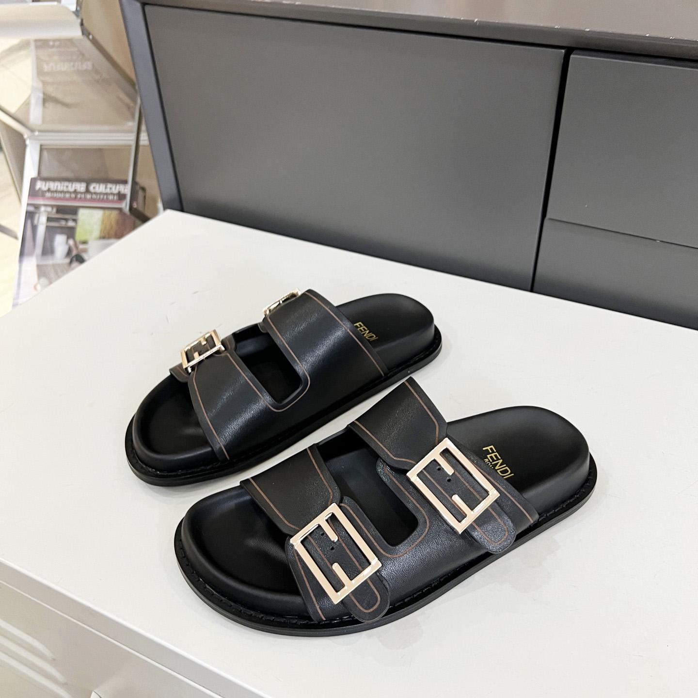 Fendi Feel Black Leather Slides - DesignerGu