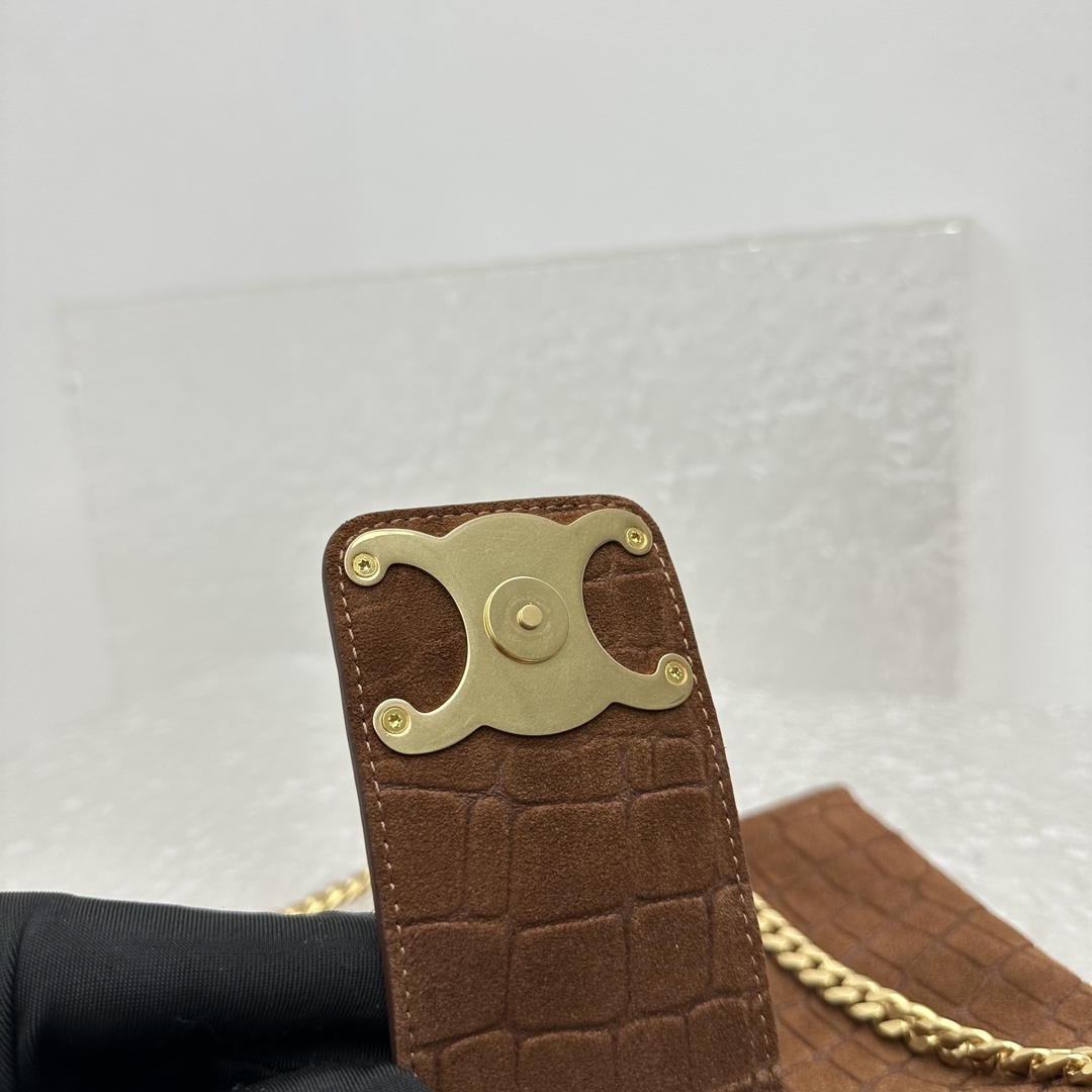 Celine Wiltern Clutch Triomphe Soft In Crocodile Embossed Suede Calfskin Brown  - DesignerGu