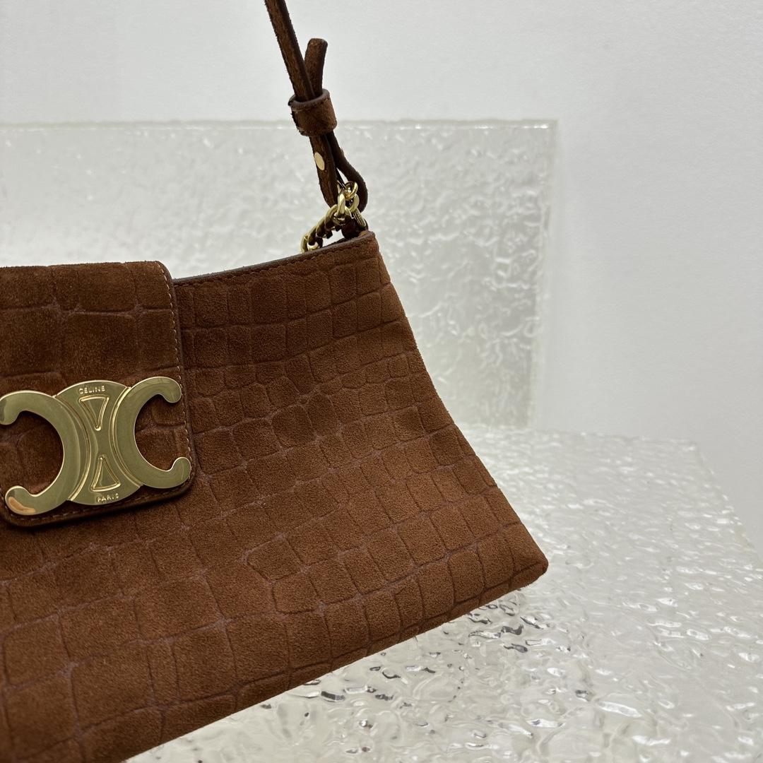 Celine Wiltern Clutch Triomphe Soft In Crocodile Embossed Suede Calfskin Brown  - DesignerGu