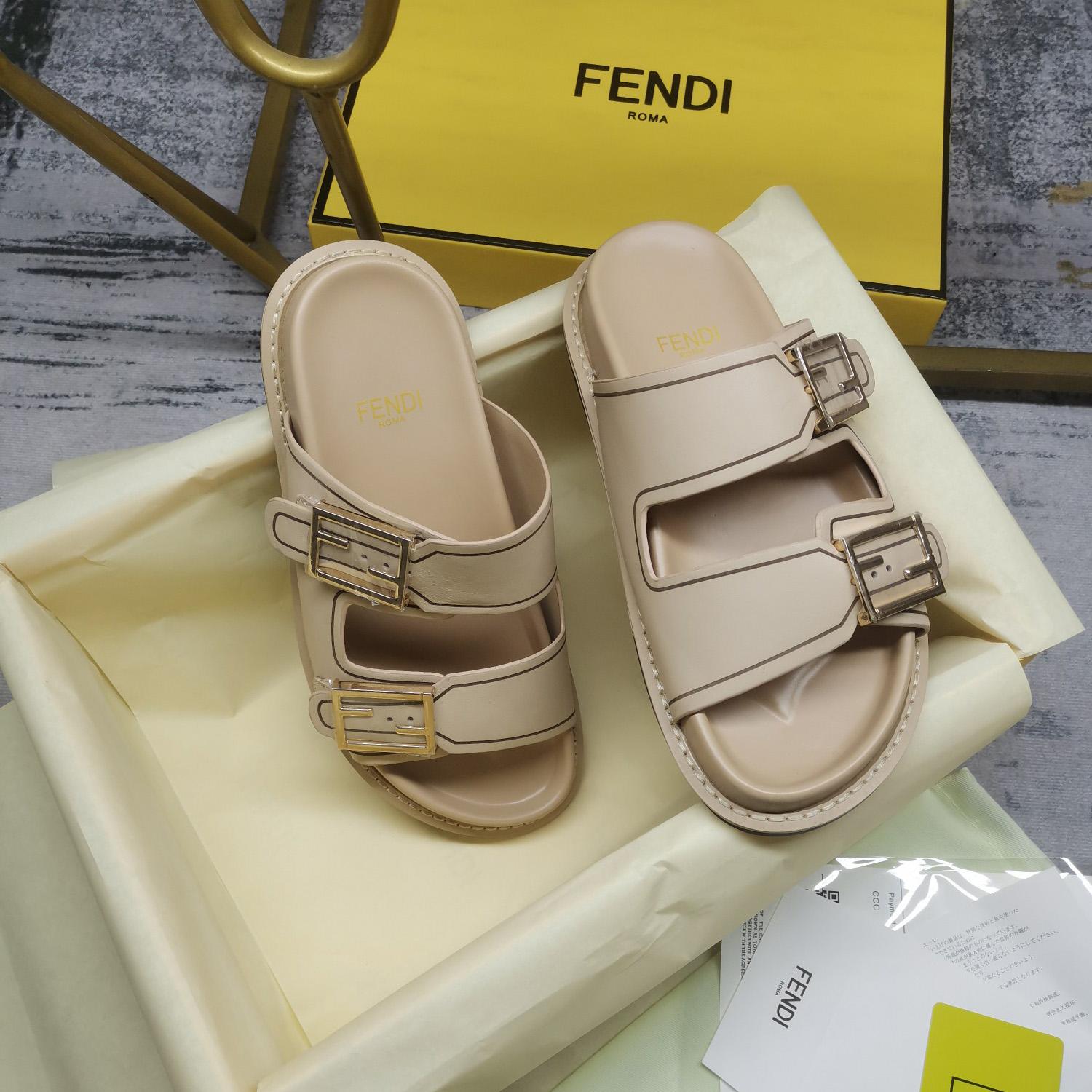 Fendi Feel Beige Leather Slides - DesignerGu