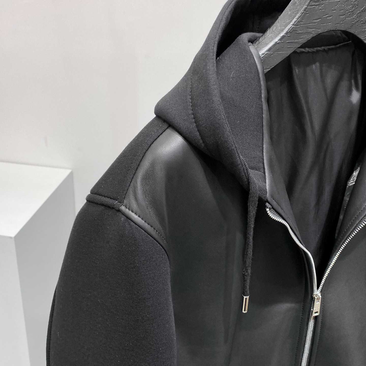 Prada Technical Fleece And Leather Hoodie Jacket - DesignerGu