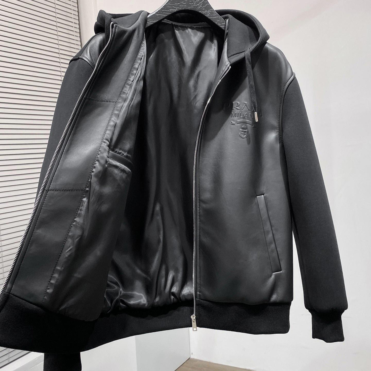 Prada Technical Fleece And Leather Hoodie Jacket - DesignerGu