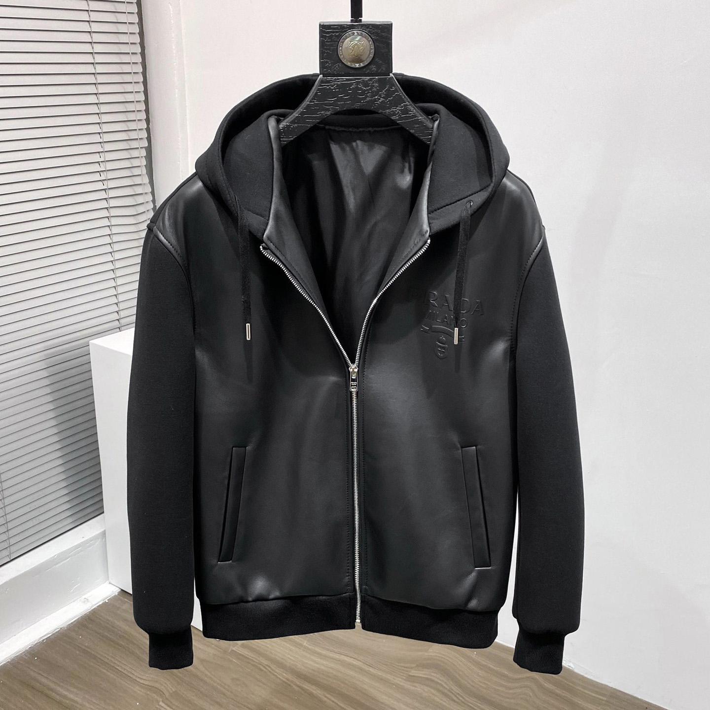 Prada Technical Fleece And Leather Hoodie Jacket - DesignerGu