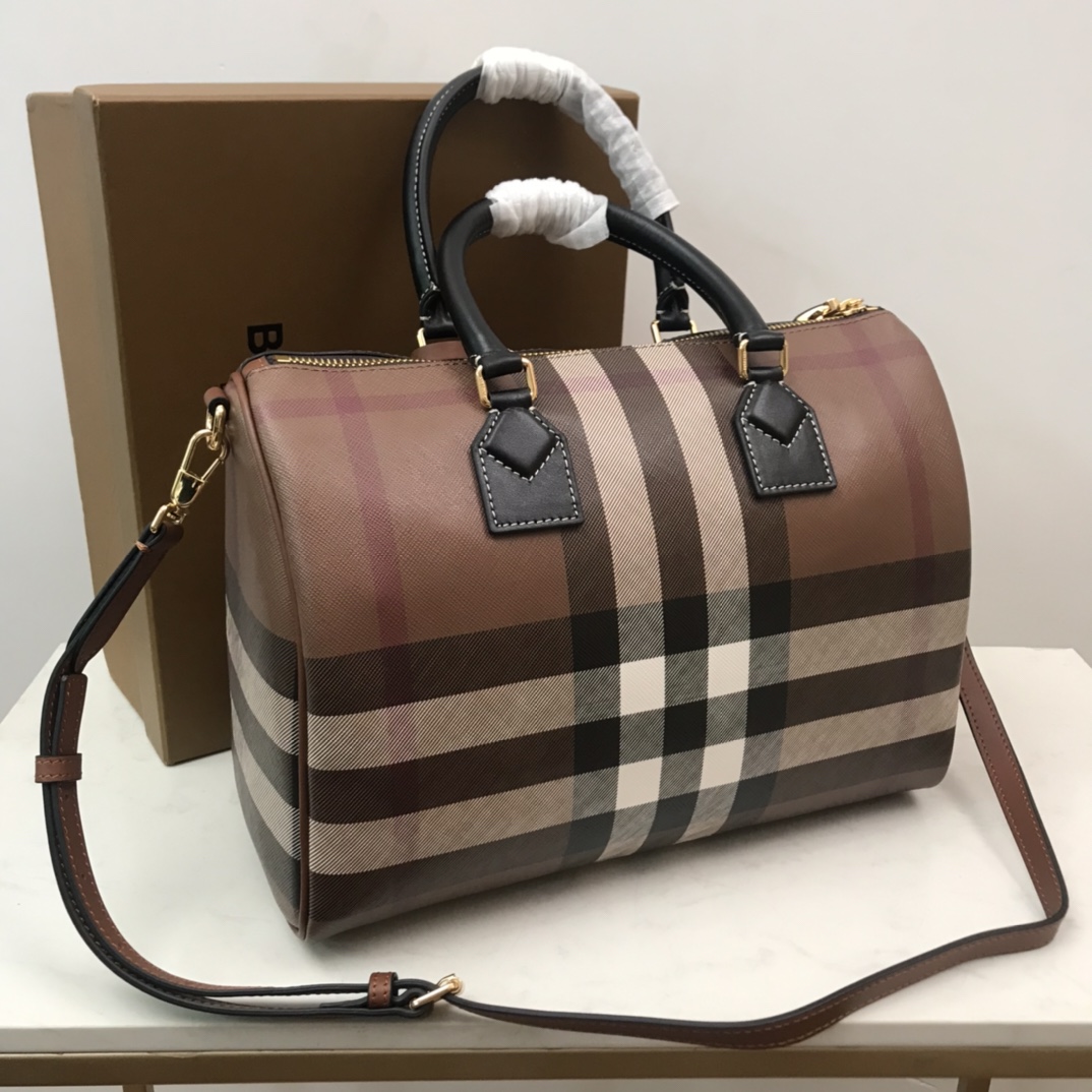 Burberry Medium Check-pattern Leather Bowling Bag (30 x 15 x 21cm) - DesignerGu