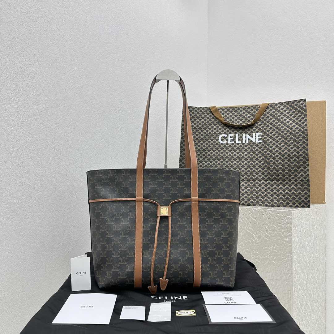 Celine Cabas Drawstring In Triomphe Canvas And Calfskin Tan - DesignerGu