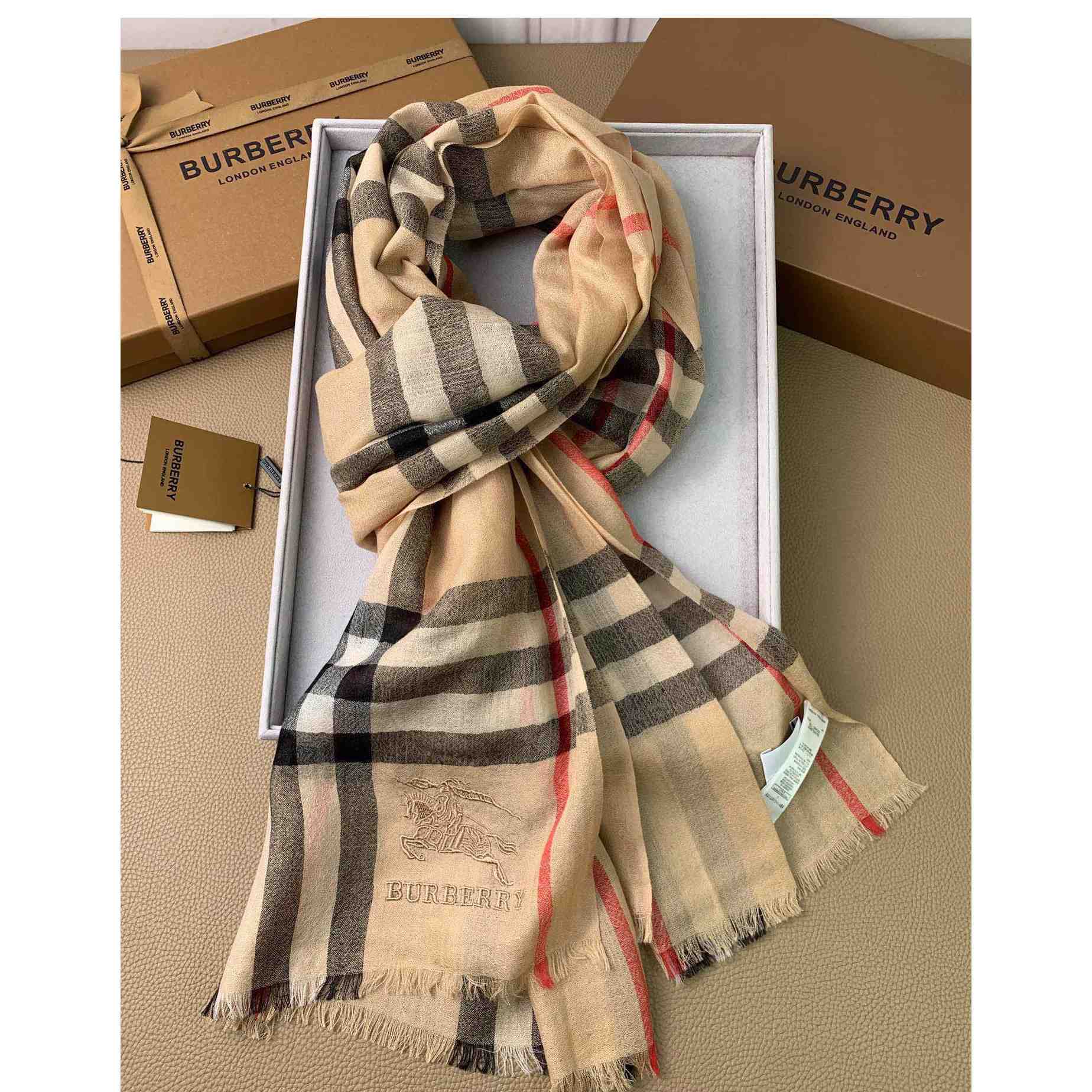 Burberry Lightweight Check Wool Silk Scarf - DesignerGu