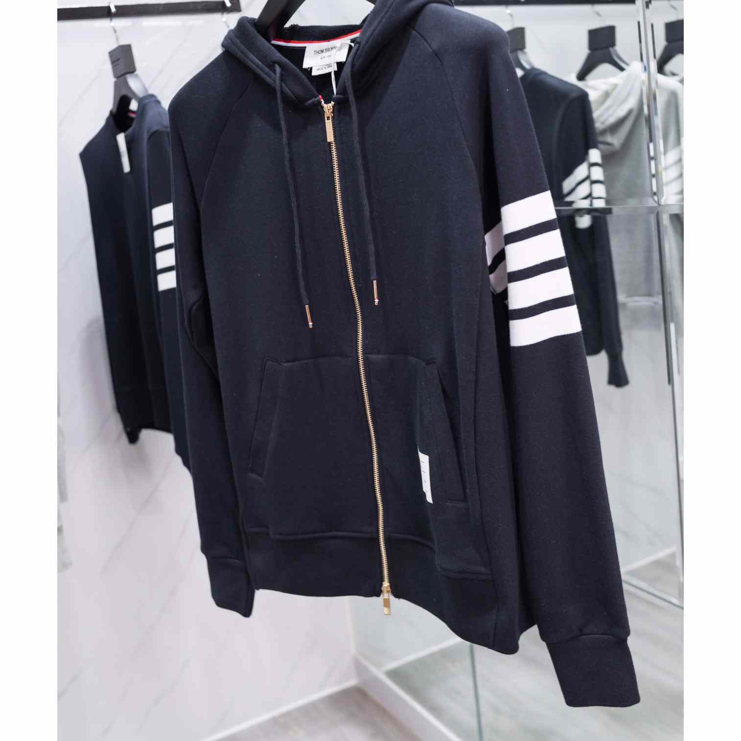 Thom Browne 4-Bar Zip-Up Cotton Hoodie - DesignerGu