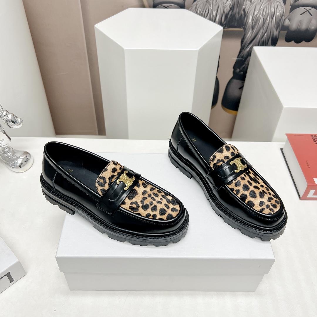 Celine Margaret Loafer With Triomphe In Polished Bull & Leopard Printed Hairy Calfskin Cal - DesignerGu