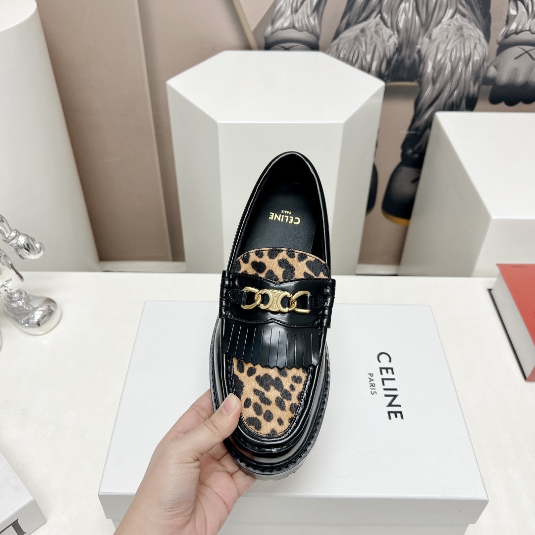 Celine Margaret Loafer With Triomphe In Polished Bull & Leopard Printed Hairy Calfskin Cal - DesignerGu