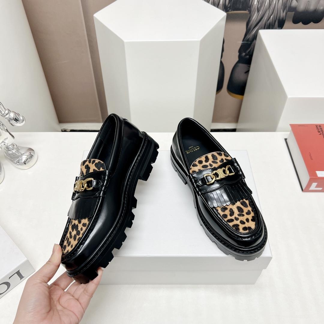 Celine Margaret Loafer With Triomphe In Polished Bull & Leopard Printed Hairy Calfskin Cal - DesignerGu