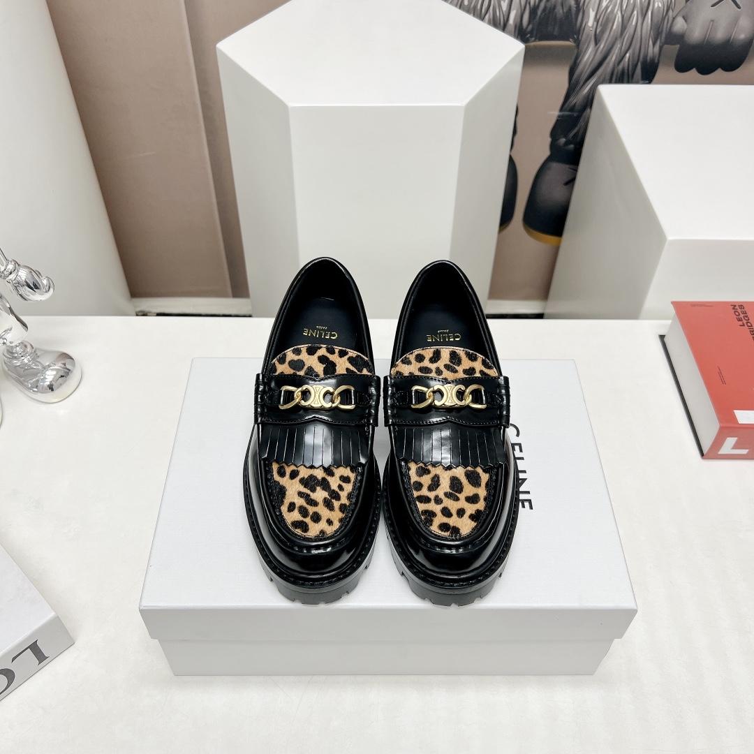 Celine Margaret Loafer With Triomphe In Polished Bull & Leopard Printed Hairy Calfskin Cal - DesignerGu