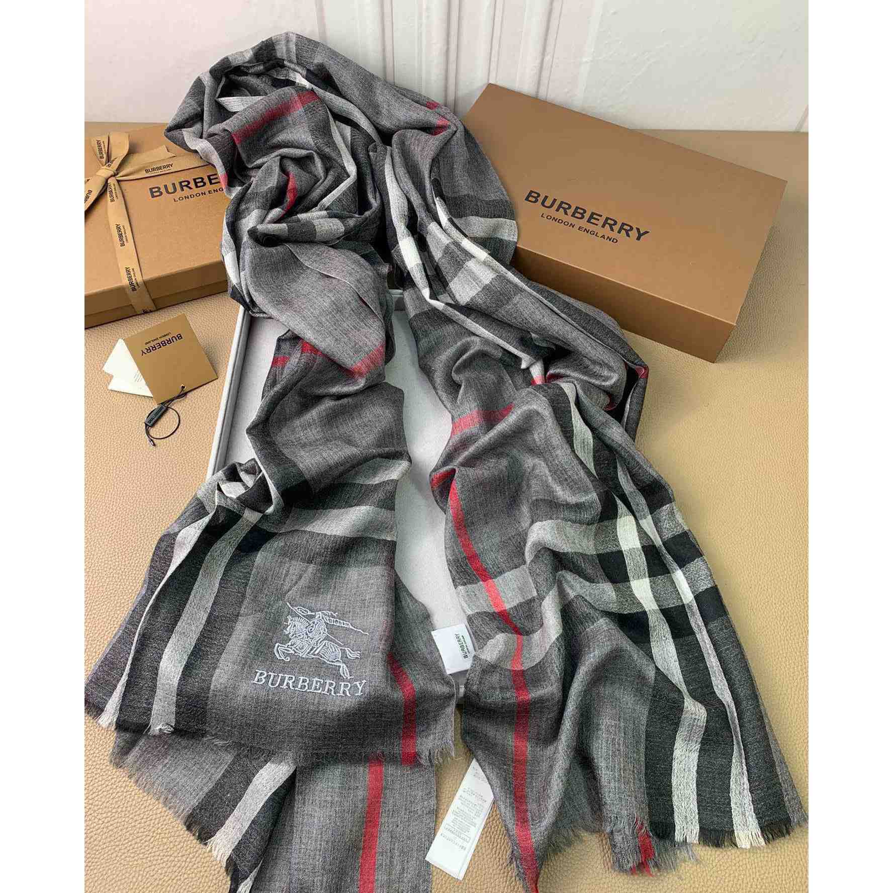 Burberry Lightweight Check Wool Silk Scarf - DesignerGu