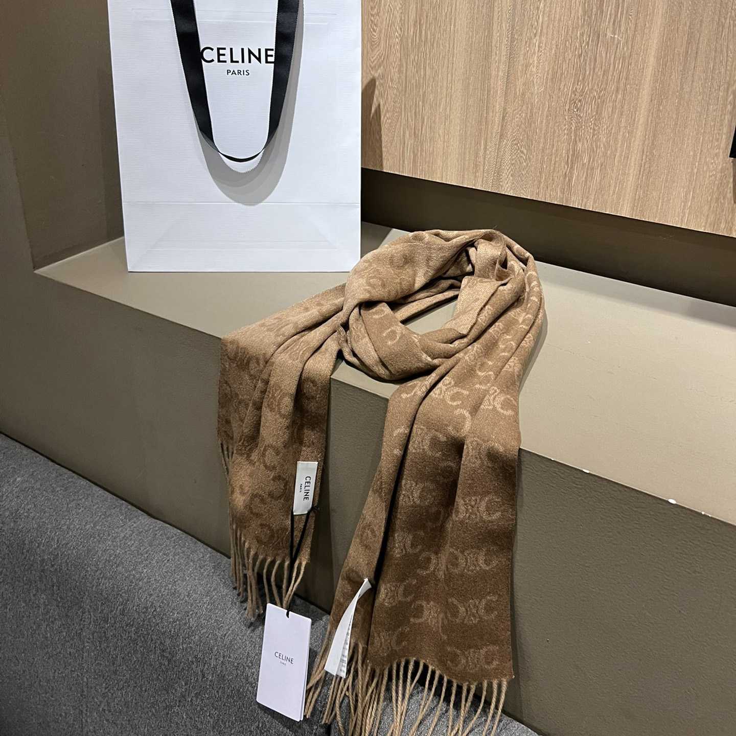 Celine Scarf In Monogram Cashmere Beige/toffee - DesignerGu