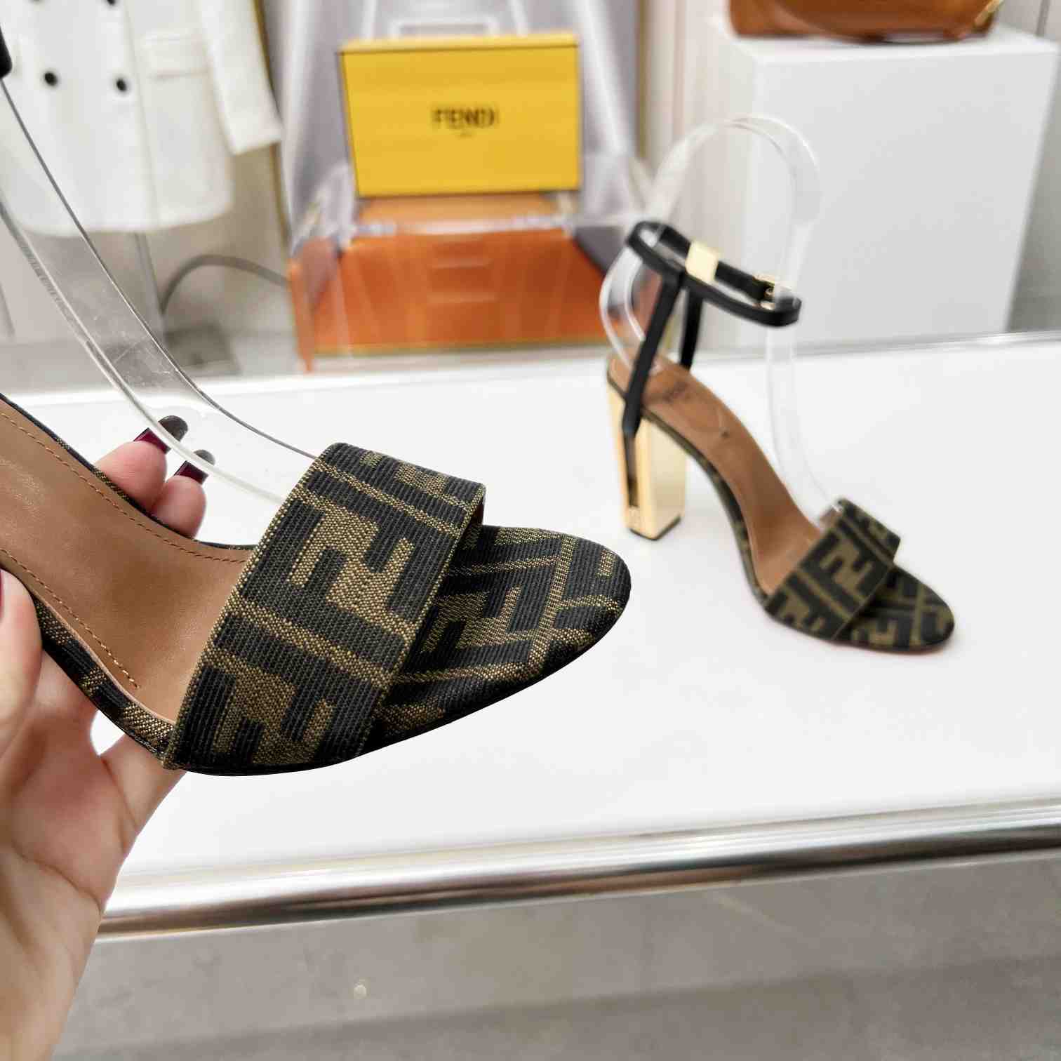 Fendi Delfina Brown Fabric High-heeled Sandals - DesignerGu