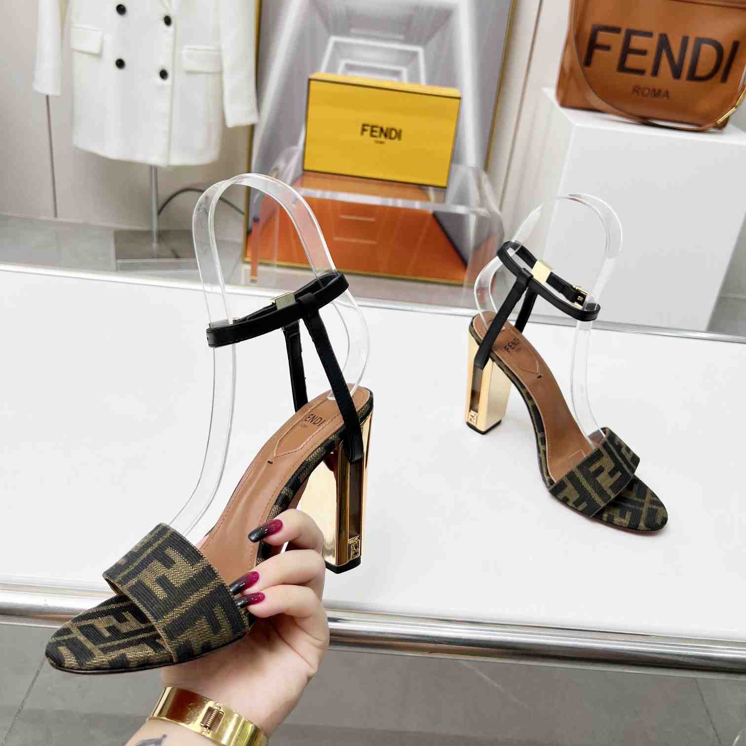 Fendi Delfina Brown Fabric High-heeled Sandals - DesignerGu