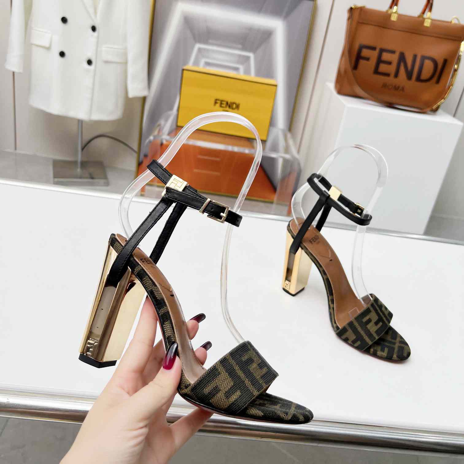 Fendi Delfina Brown Fabric High-heeled Sandals - DesignerGu