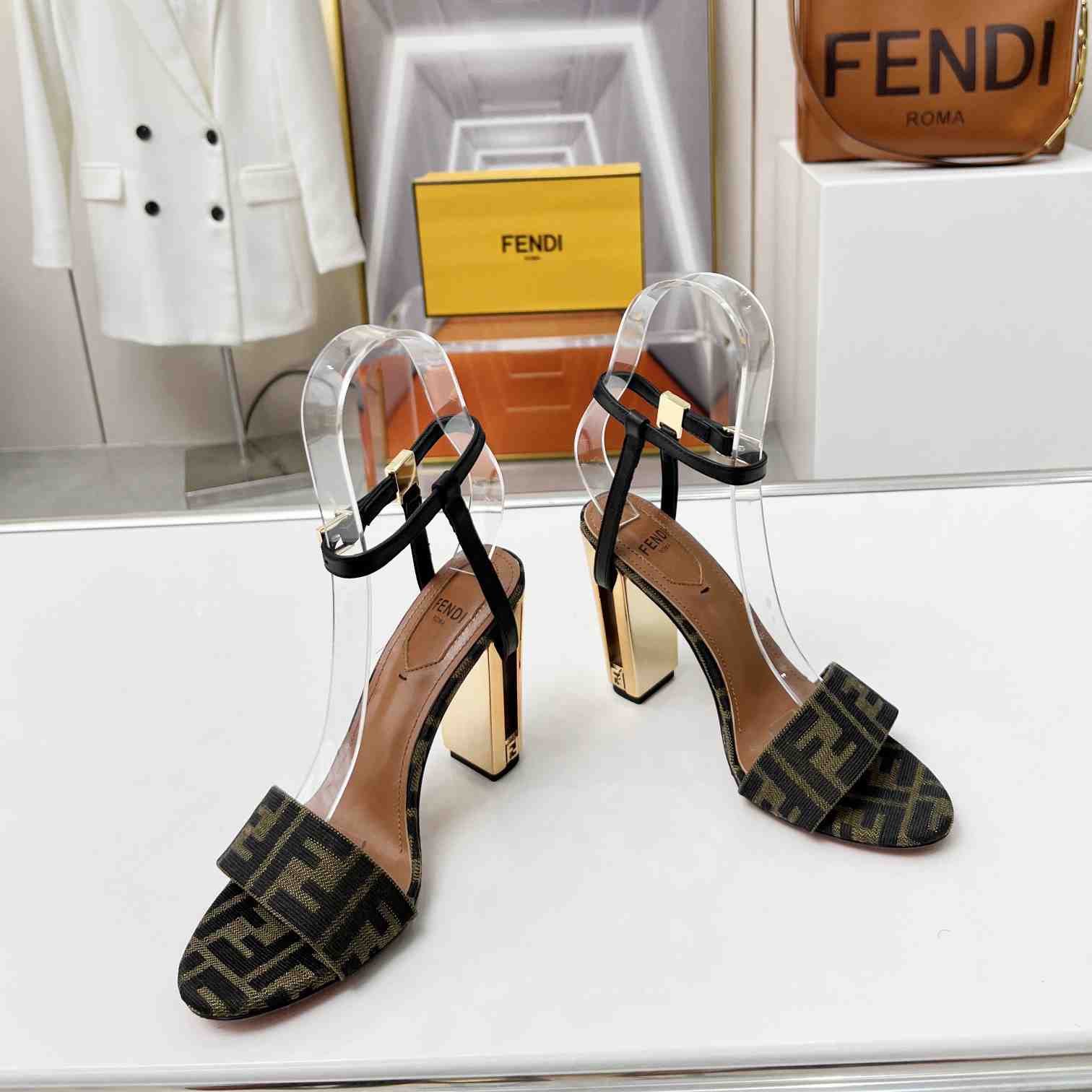 Fendi Delfina Brown Fabric High-heeled Sandals - DesignerGu