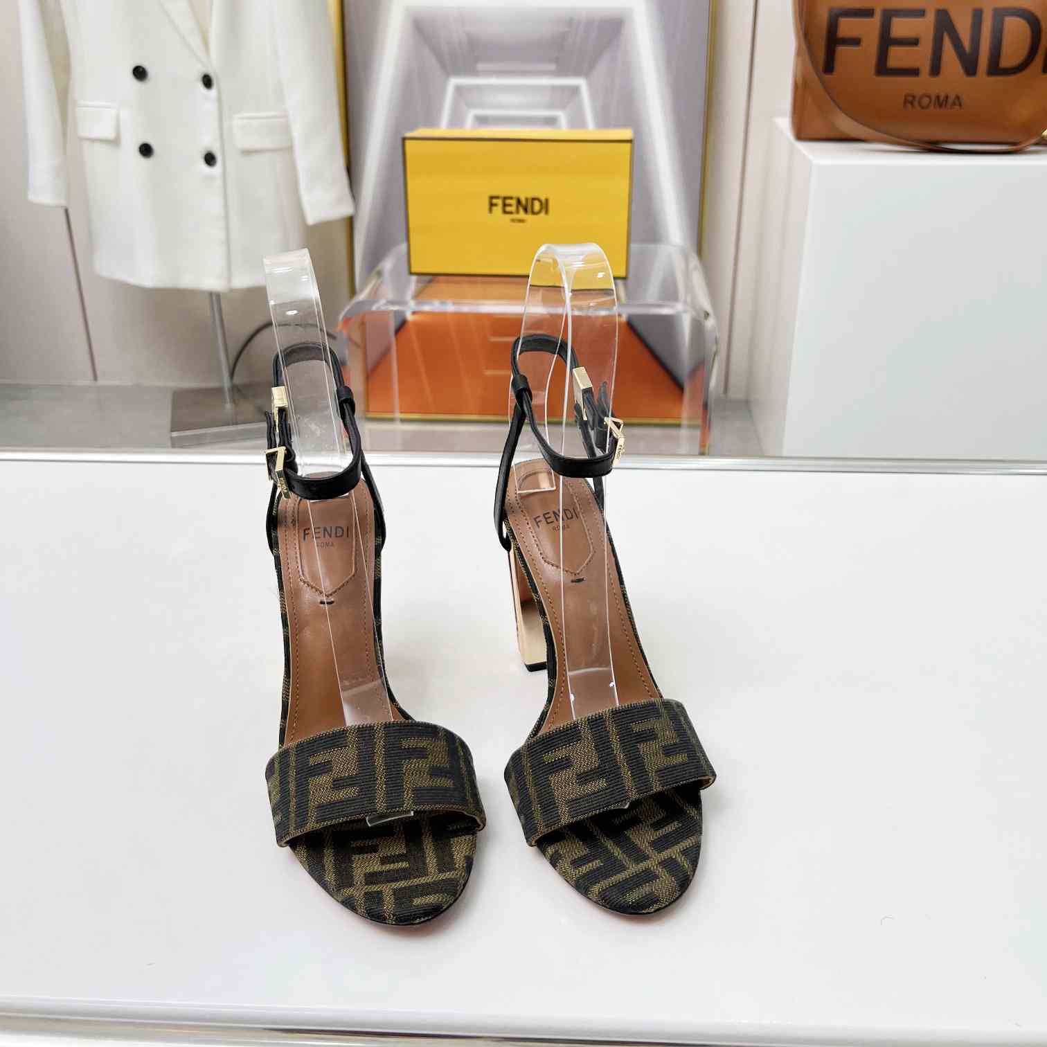 Fendi Delfina Brown Fabric High-heeled Sandals - DesignerGu