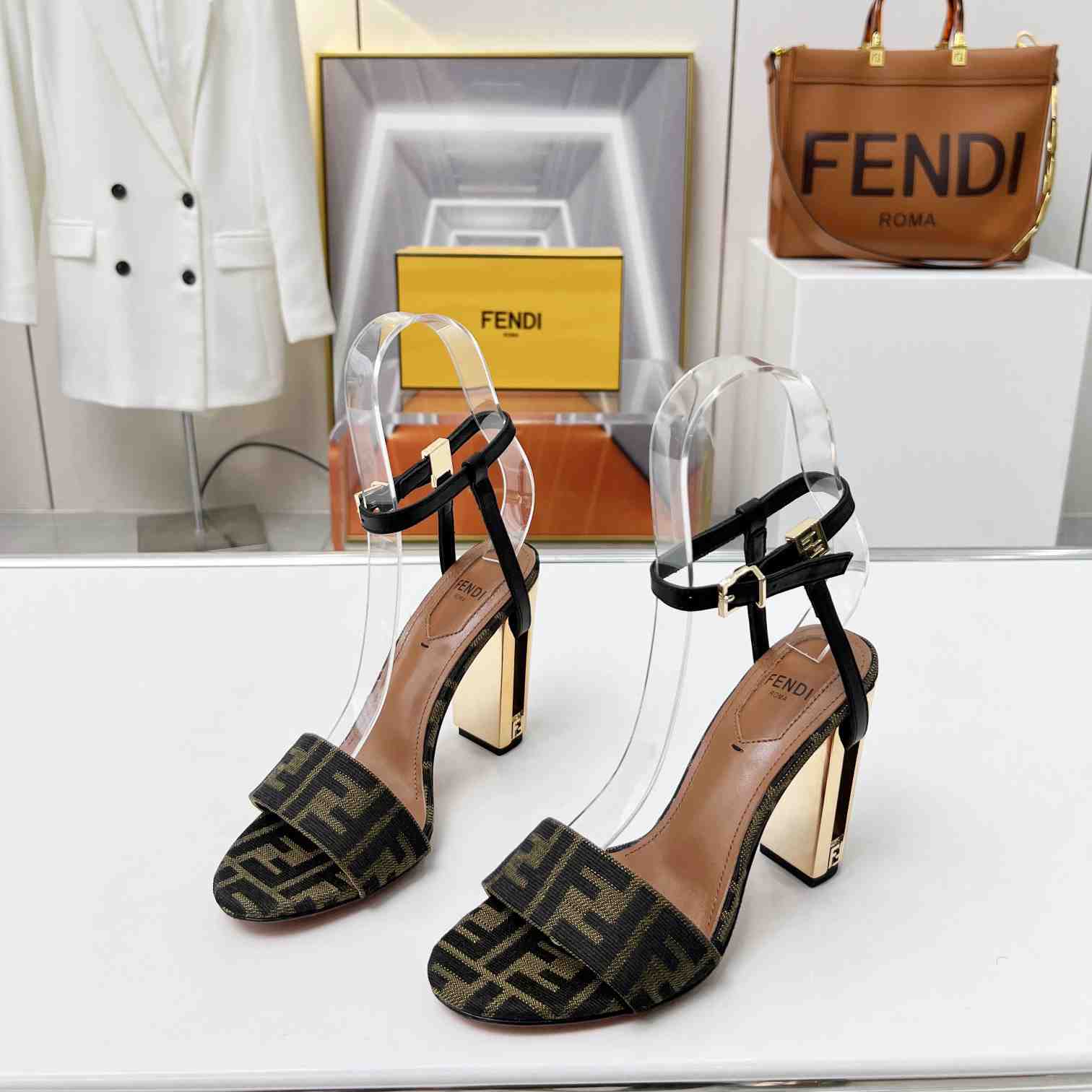 Fendi Delfina Brown Fabric High-heeled Sandals - DesignerGu