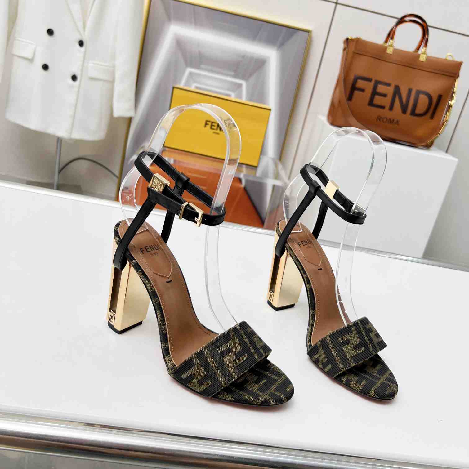 Fendi Delfina Brown Fabric High-heeled Sandals - DesignerGu