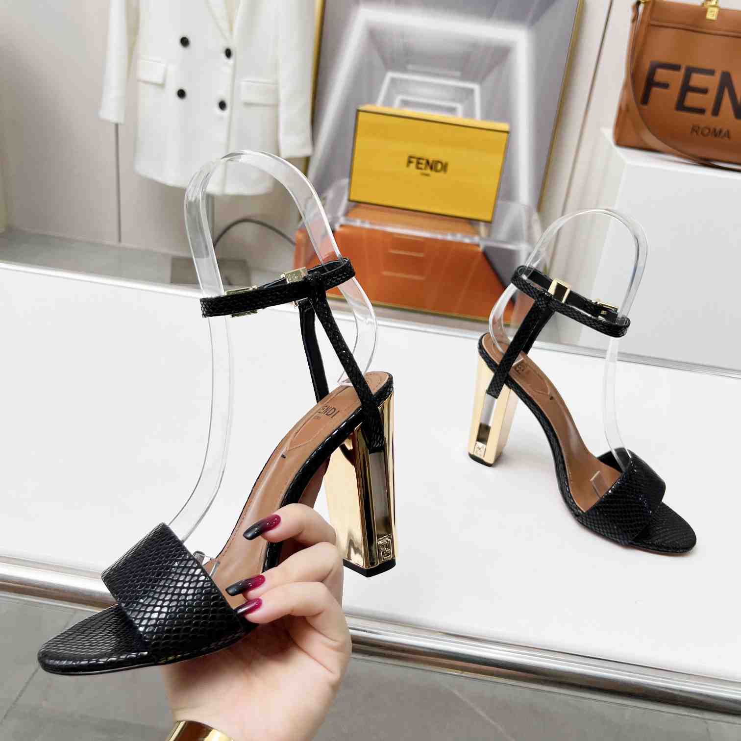 Fendi Delfina Black karung High-heeled Sandals - DesignerGu