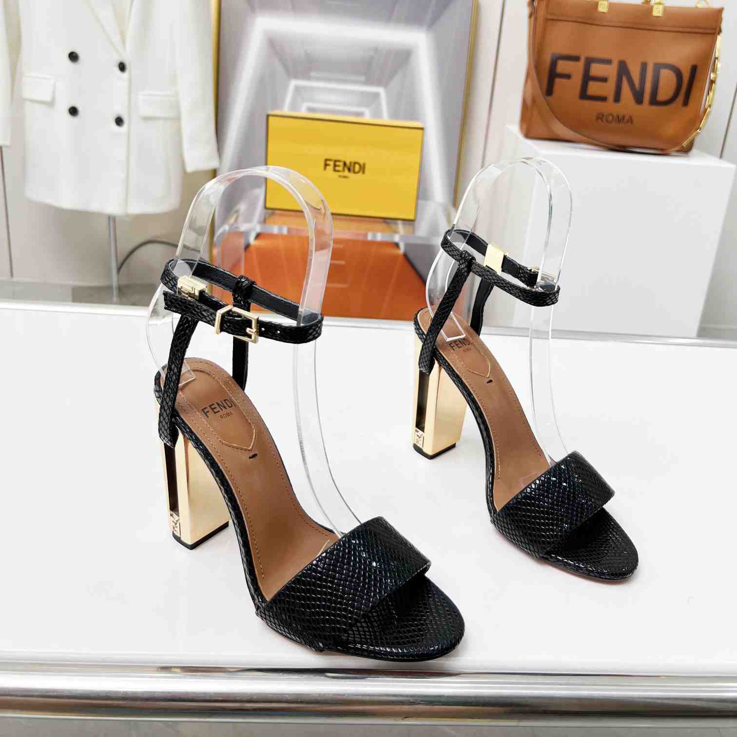 Fendi Delfina Black karung High-heeled Sandals - DesignerGu