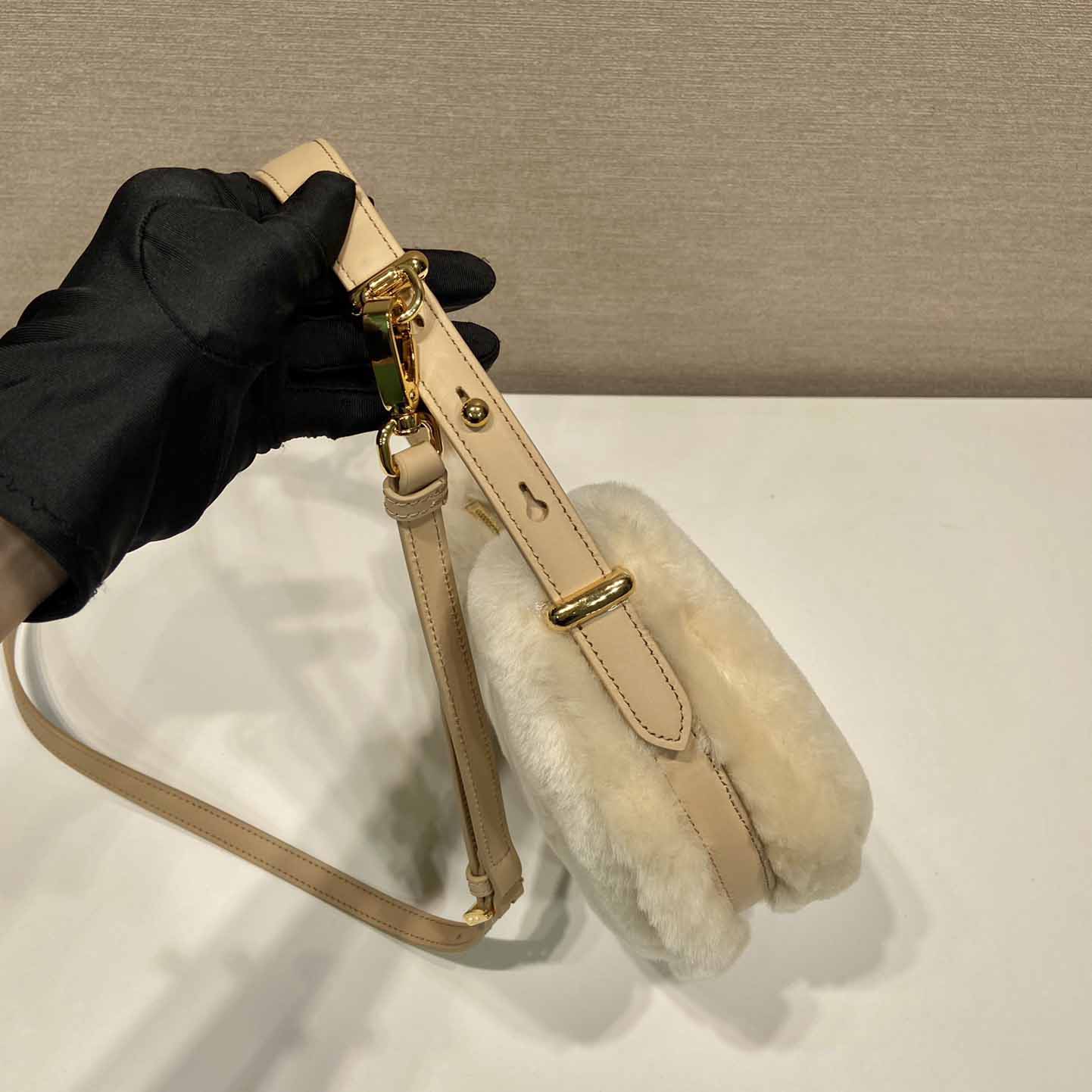 Prada Arqué Shearling And Leather Shoulder Bag - DesignerGu