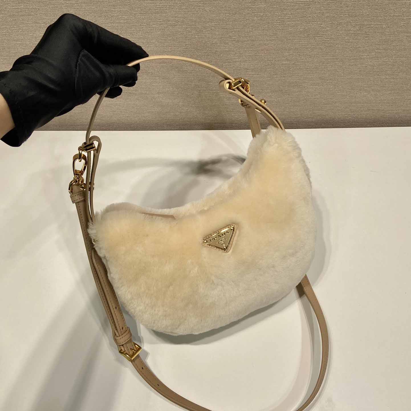 Prada Arqué Shearling And Leather Shoulder Bag - DesignerGu