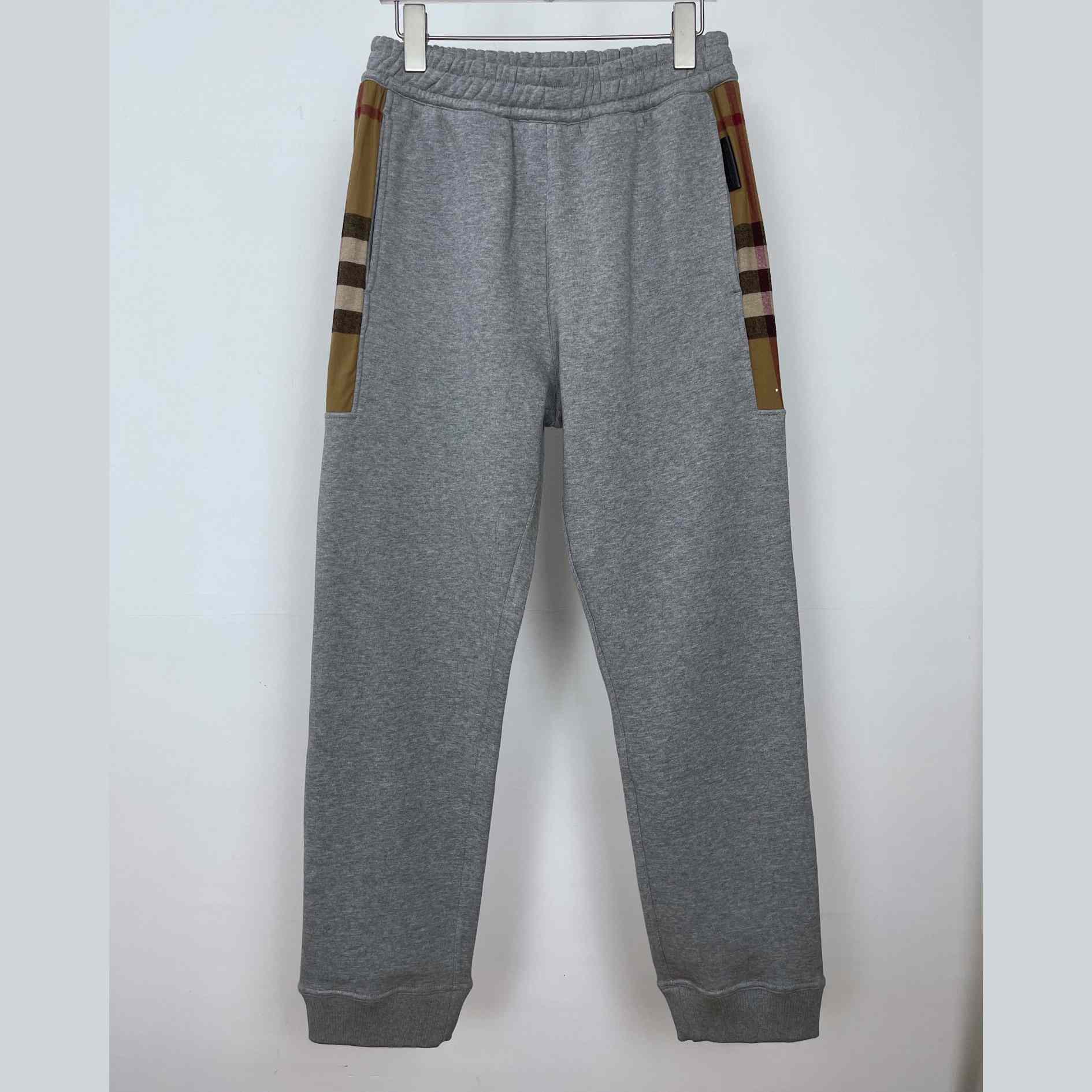 Burberry Check Panel Jogging Trousers In Grey - DesignerGu