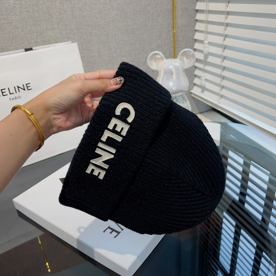 Celine  Embroidered Beanie In Ribbed Wool - DesignerGu