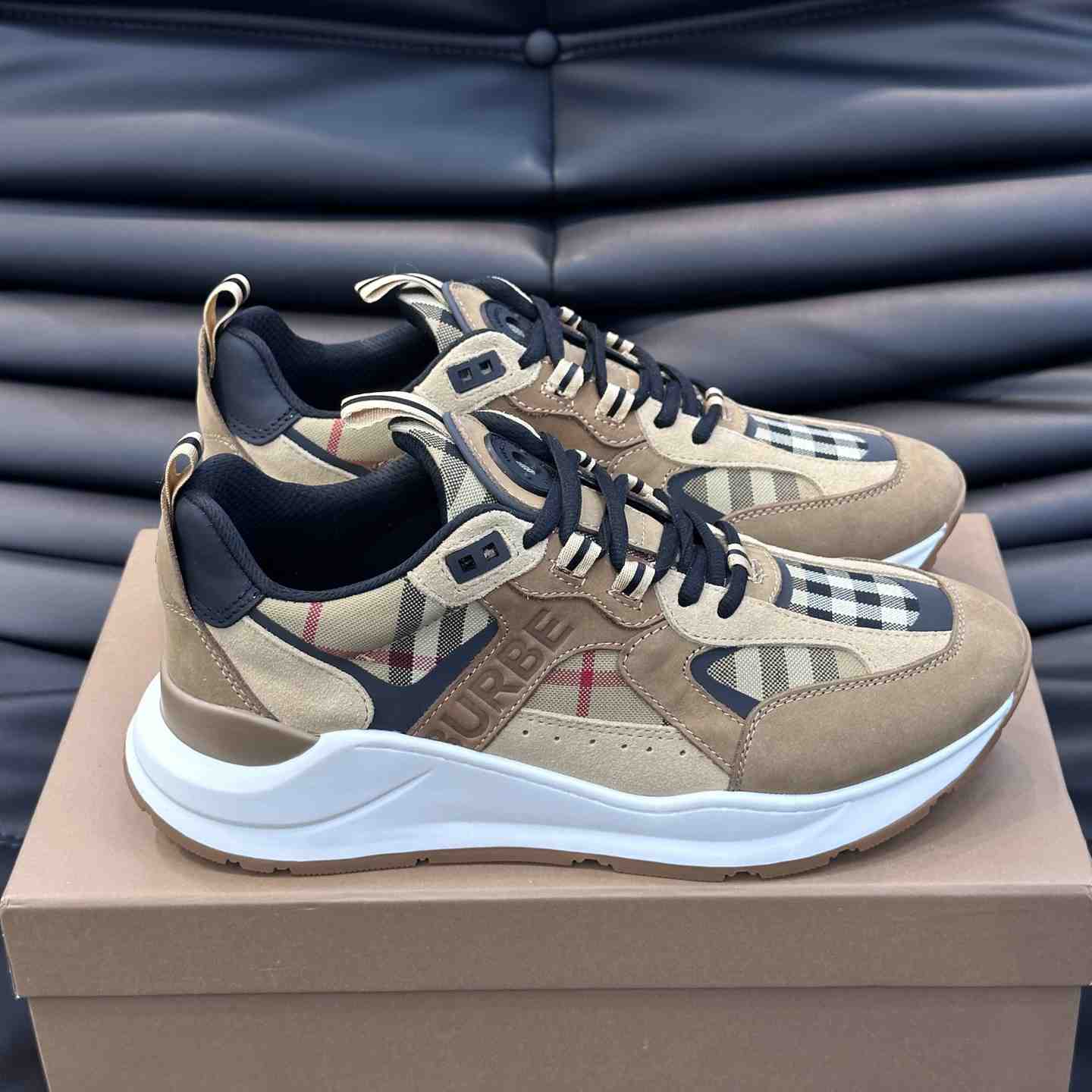 Burberry Beige Leather And Check Print Trainer - DesignerGu