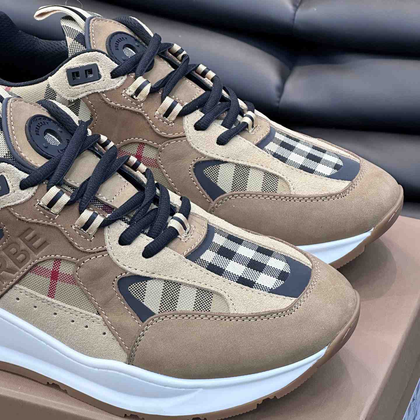 Burberry Beige Leather And Check Print Trainer - DesignerGu