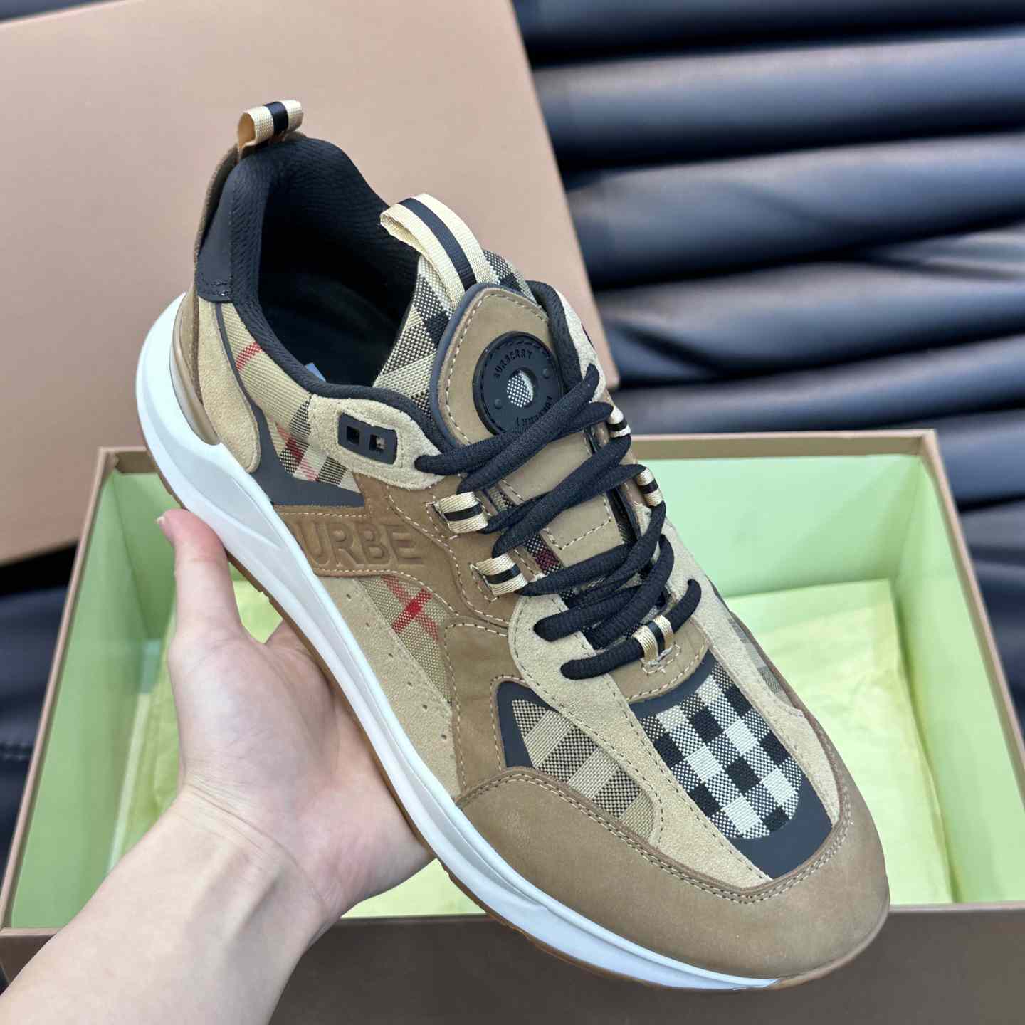 Burberry Beige Leather And Check Print Trainer - DesignerGu