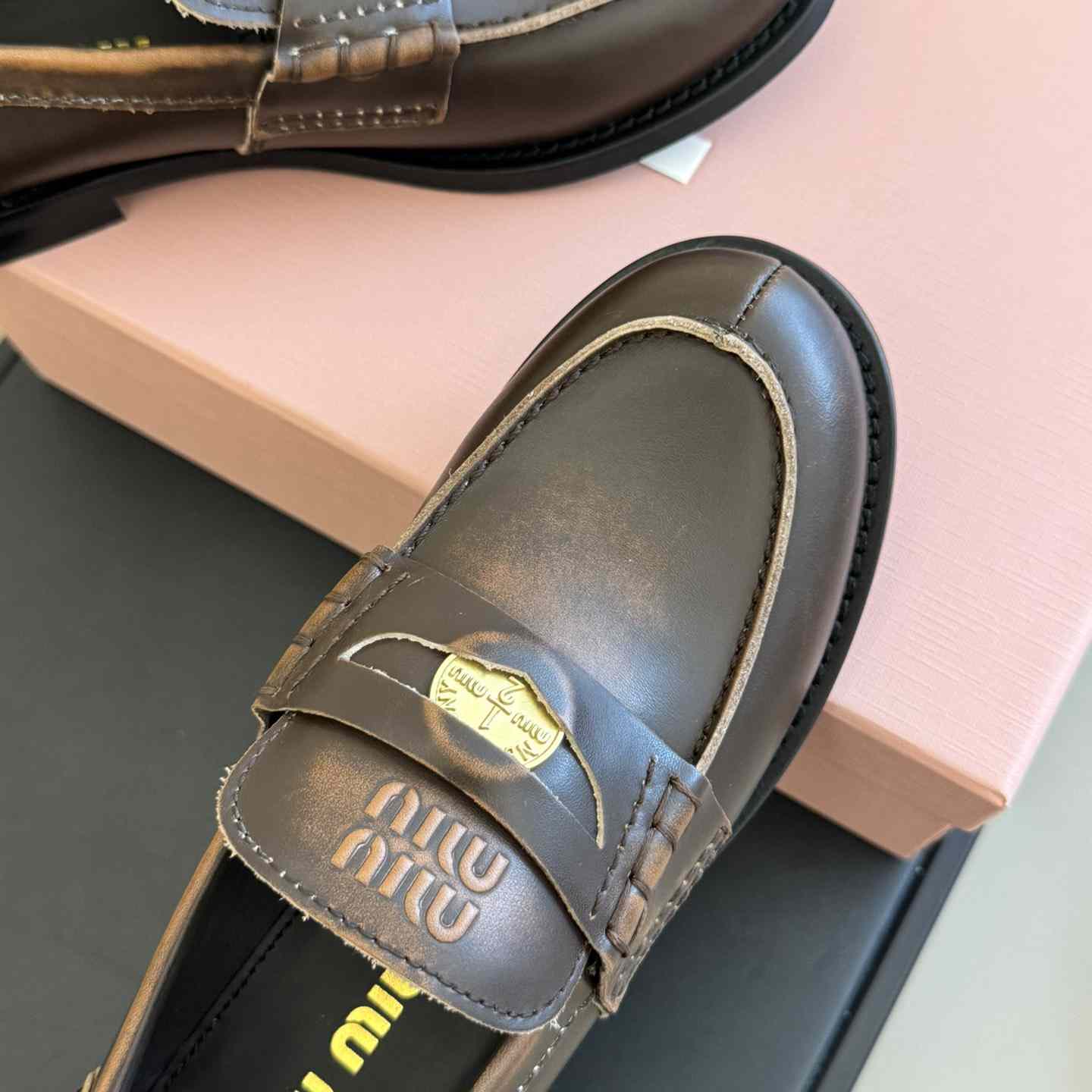 Miu Miu Vintage-effect Leather Penny Loafers - DesignerGu