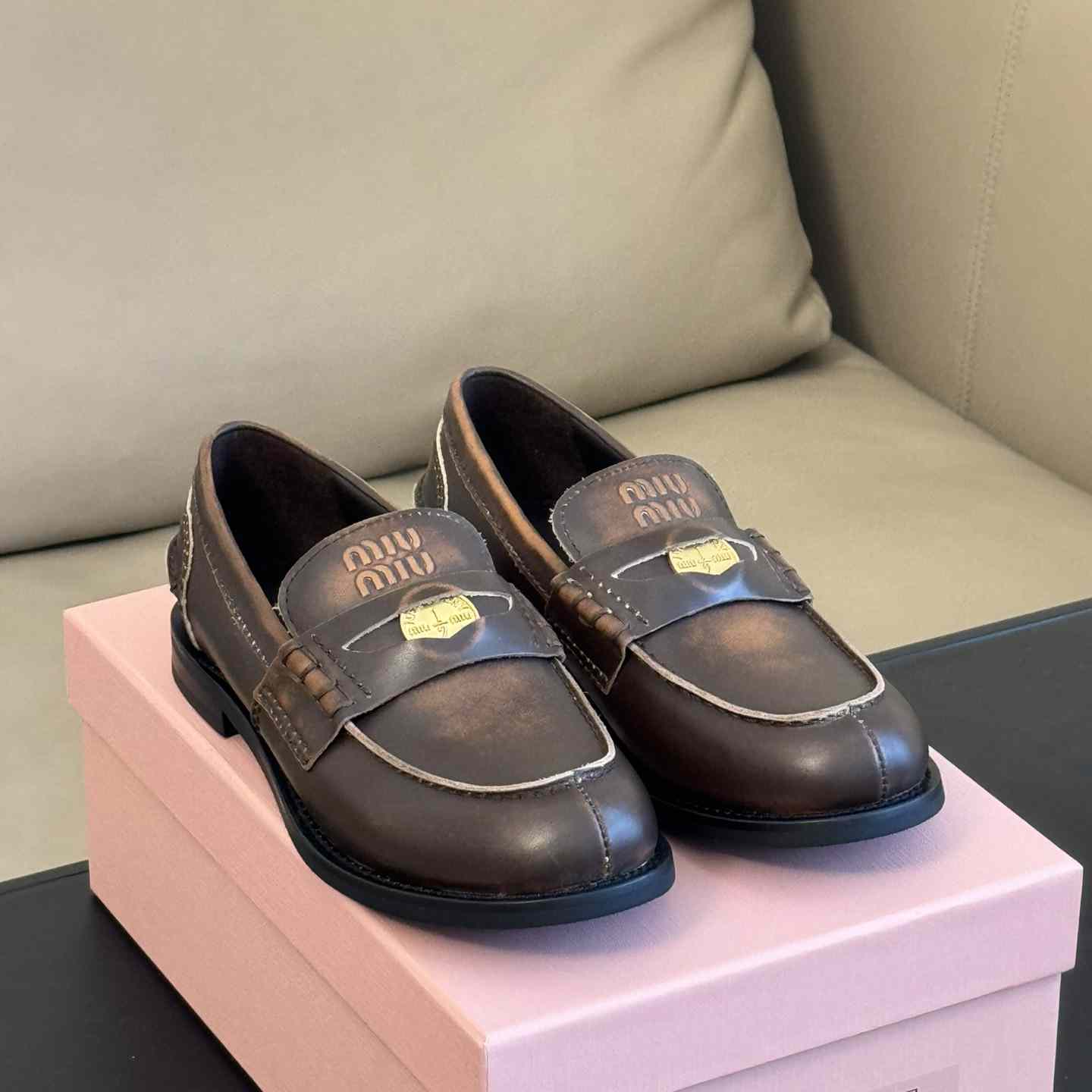 Miu Miu Vintage-effect Leather Penny Loafers - DesignerGu