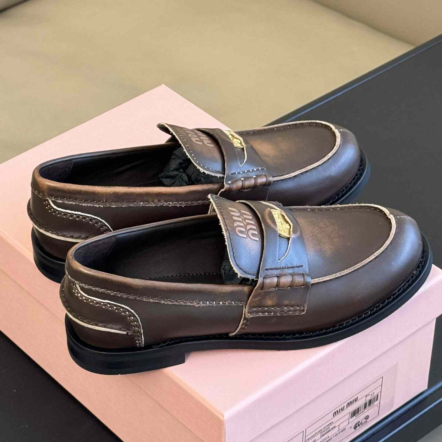 Miu Miu Vintage-effect Leather Penny Loafers - DesignerGu