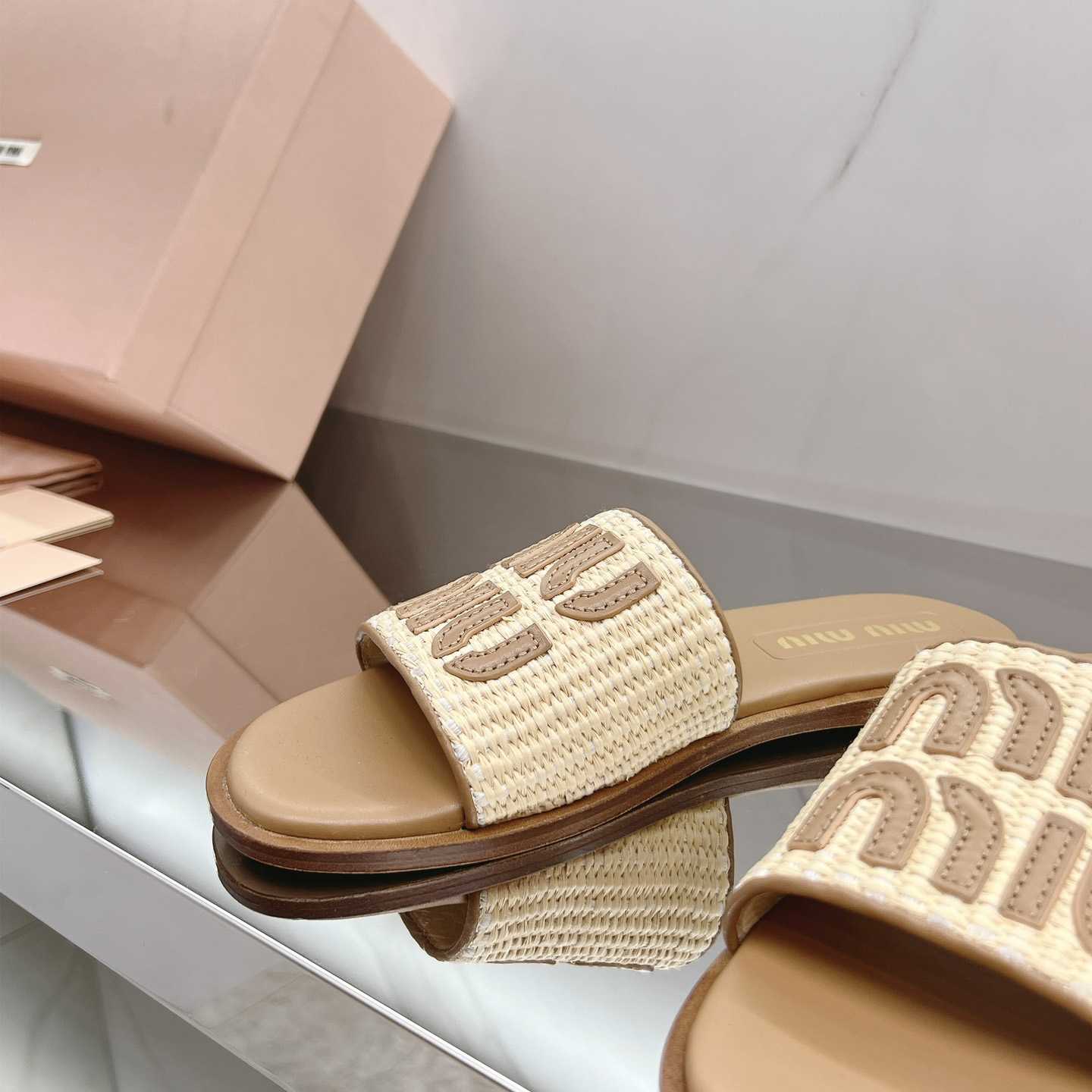 Miu Miu Raffia-effect Woven Fabric Slides - DesignerGu