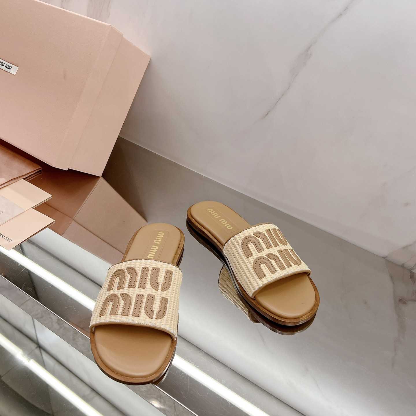 Miu Miu Raffia-effect Woven Fabric Slides - DesignerGu