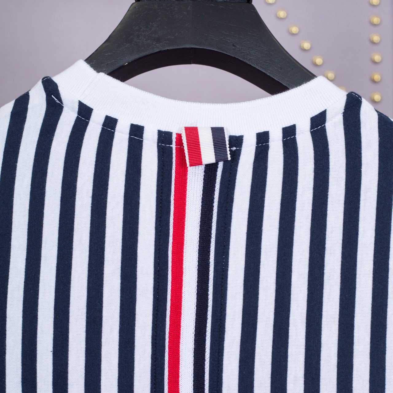 Thom Browne Navy and White RWB Bold Stripe T-Shirt   1850 - DesignerGu