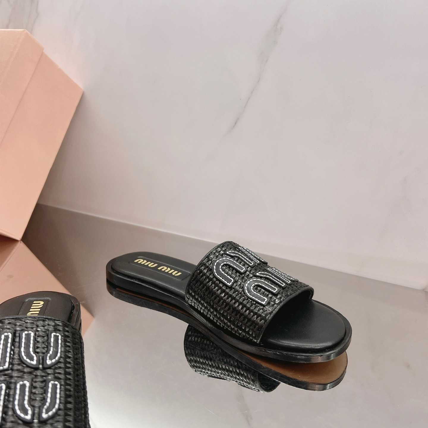 Miu Miu Raffia-effect Woven Fabric Slides - DesignerGu