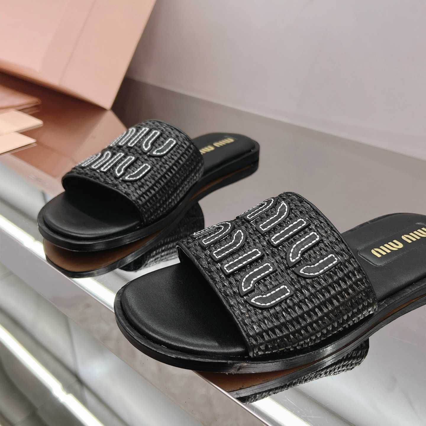 Miu Miu Raffia-effect Woven Fabric Slides - DesignerGu