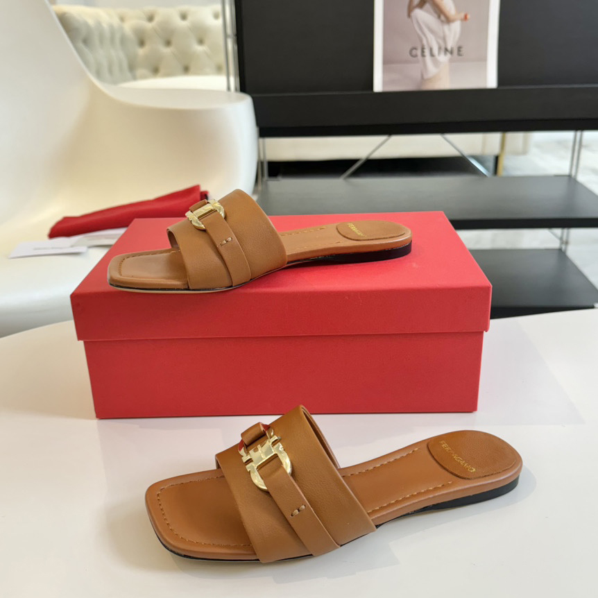 Ferragamo Women's Brown Flat Slide With Gancini Ornament - DesignerGu