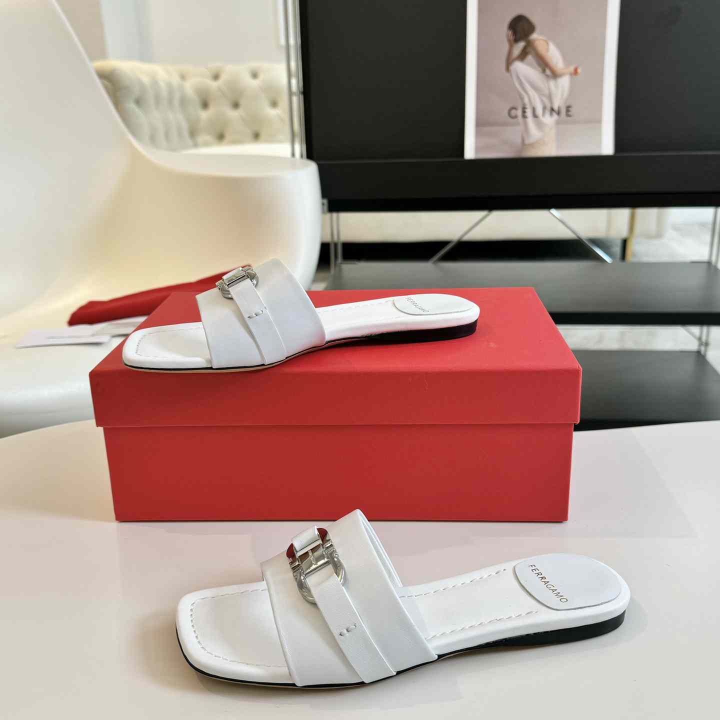 Ferragamo Women's White Flat Slide With Gancini Ornament - DesignerGu