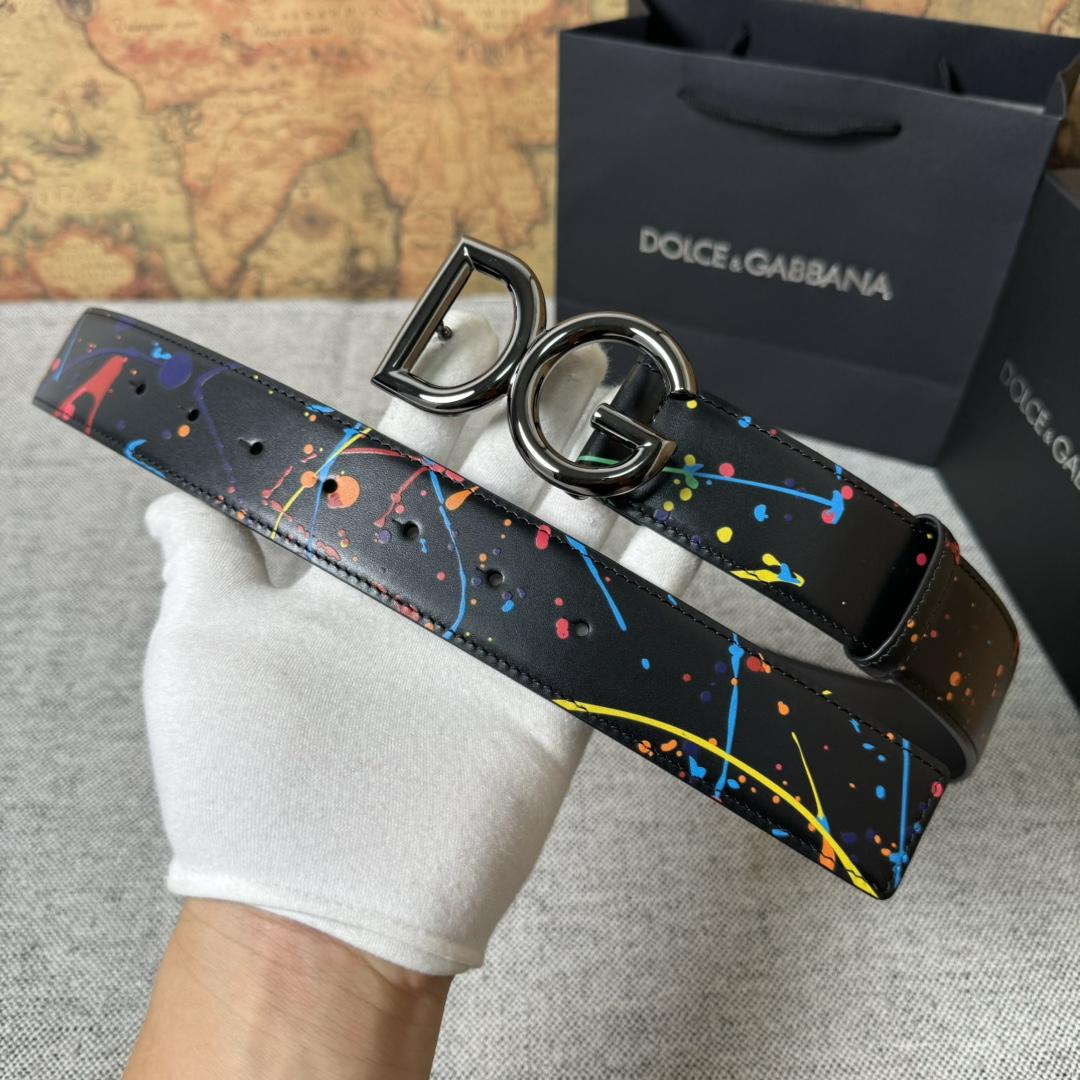 Dolce & Gabbana Paint Splatter Logo Buckle Leather Belt - DesignerGu