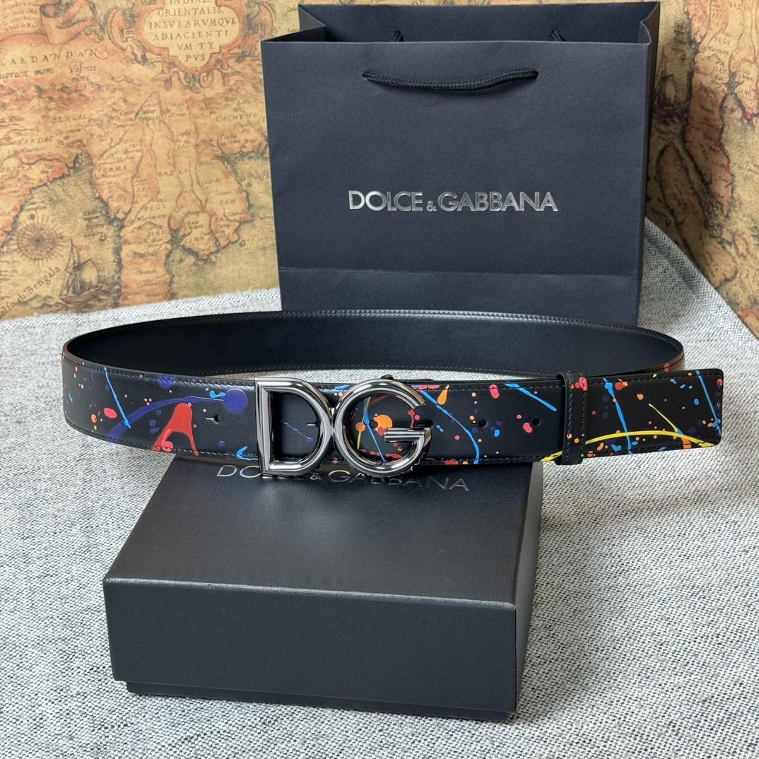 Dolce & Gabbana Paint Splatter Logo Buckle Leather Belt - DesignerGu