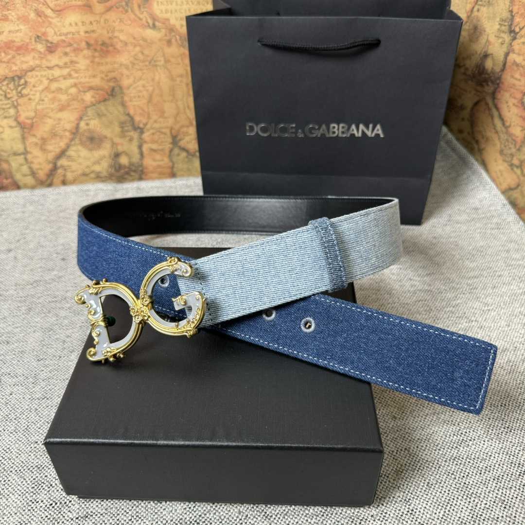 Dolce & Gabbana Denim Patchwork Belt With Baroque DG Buckle - DesignerGu